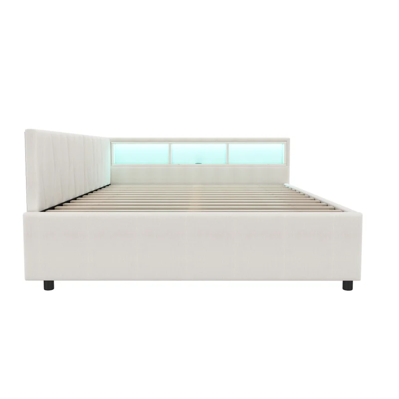 Letto 140x200 cm in lino e MDF con luce LED; cassetti e porte USB-C; beige
