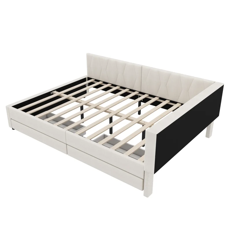 Letto 140x200 cm in lino e MDF con luce LED; cassetti e porte USB-C; beige