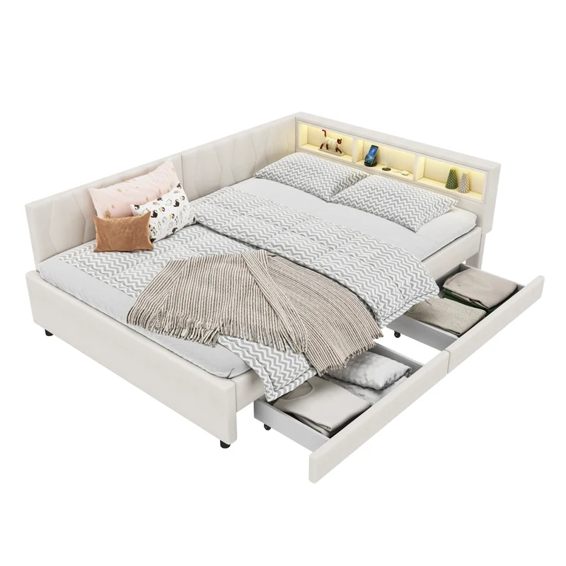 Letto 140x200 cm in lino e MDF con luce LED; cassetti e porte USB-C; beige