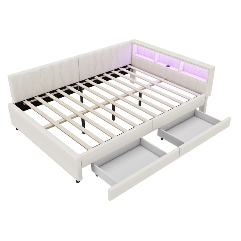 Letto 140x200 cm in lino e MDF con luce LED; cassetti e porte USB-C; beige
