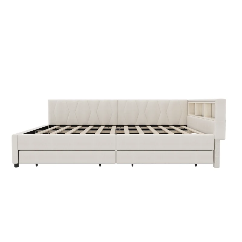 Letto 140x200 cm in lino e MDF con luce LED; cassetti e porte USB-C; beige