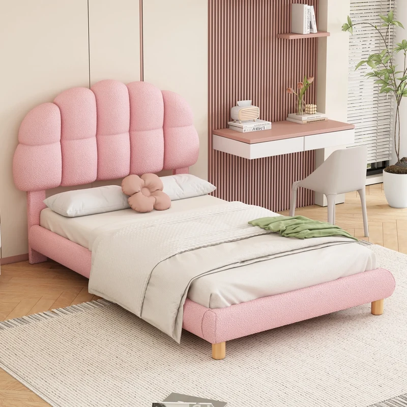 Letto singolo 90x200 cm per bambini rosa; imbottito in bouclé con rete a doghe in legno