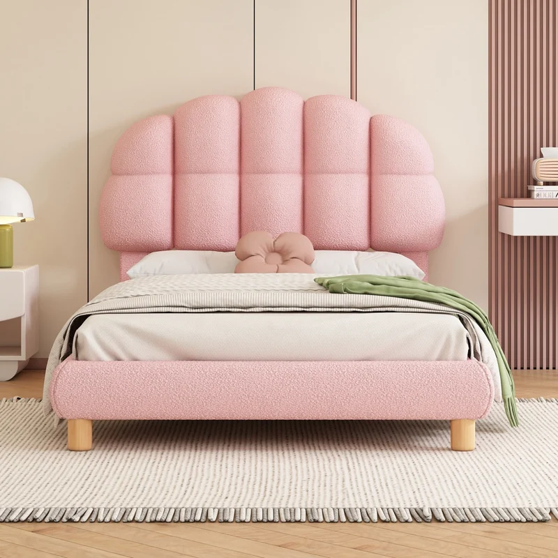 Letto singolo 90x200 cm per bambini rosa; imbottito in bouclé con rete a doghe in legno