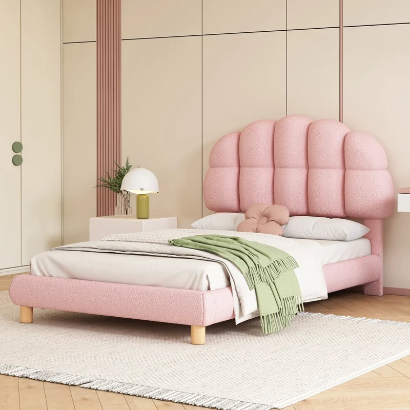 Letto singolo 90x200 cm per bambini rosa; imbottito in bouclé con rete a doghe in legno