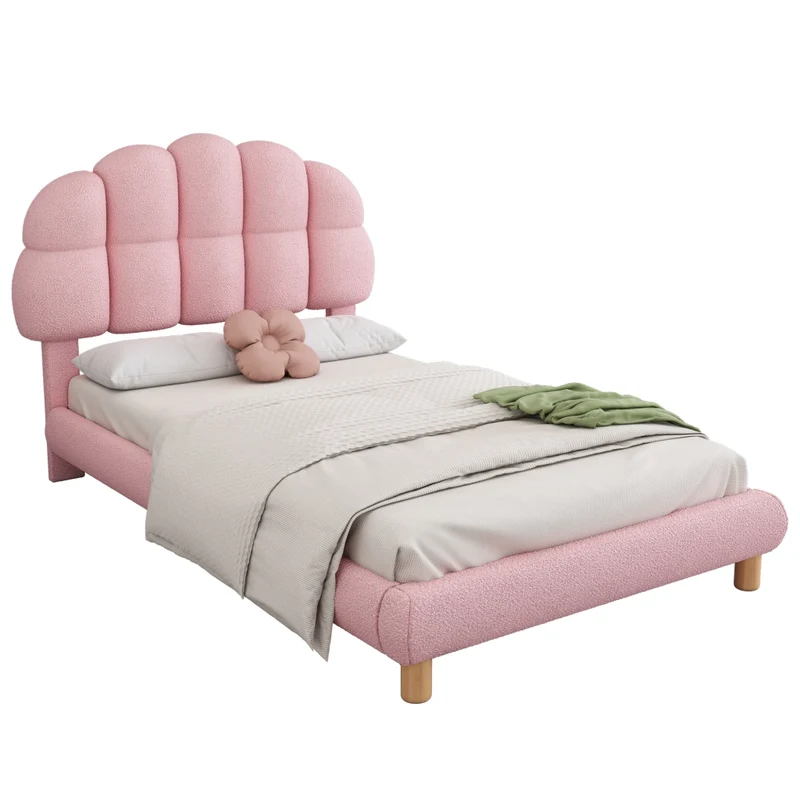 Letto singolo 90x200 cm per bambini rosa; imbottito in bouclé con rete a doghe in legno