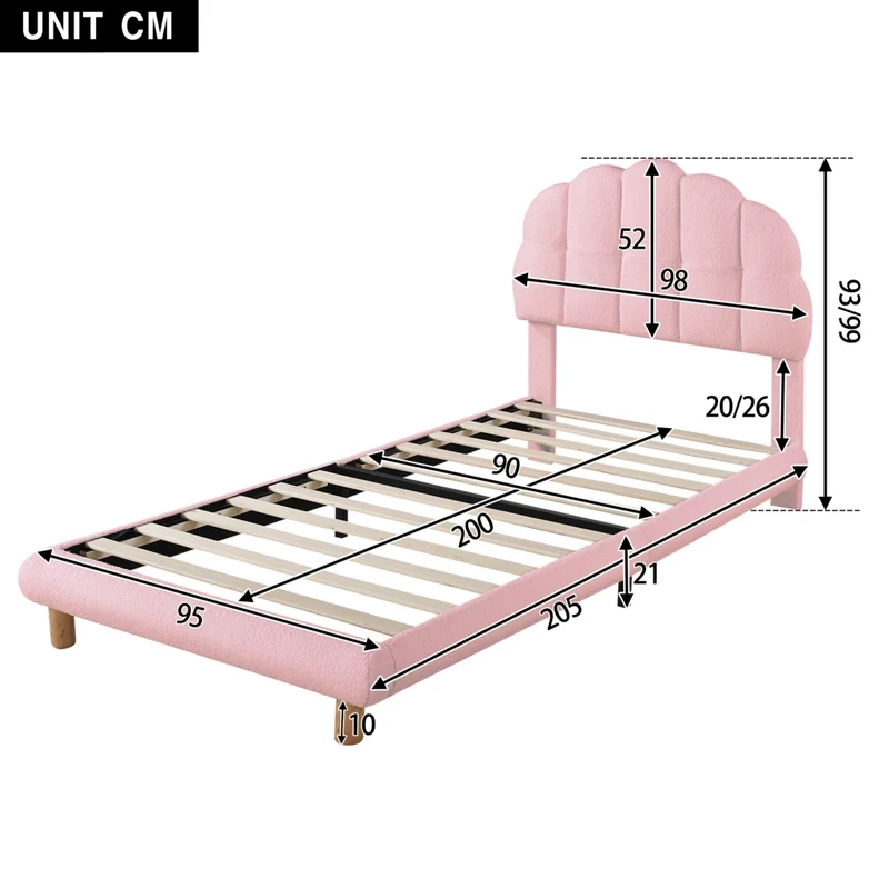 Letto singolo 90x200 cm per bambini rosa; imbottito in bouclé con rete a doghe in legno