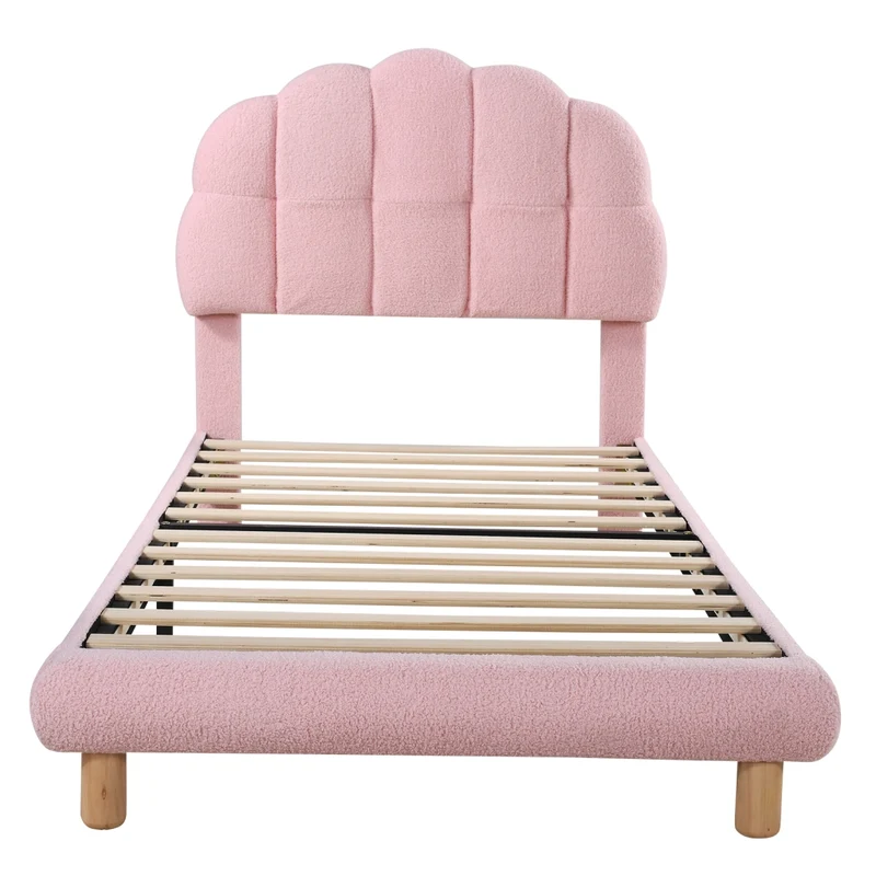 Letto singolo 90x200 cm per bambini rosa; imbottito in bouclé con rete a doghe in legno