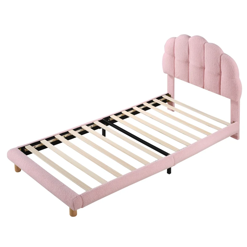 Letto singolo 90x200 cm per bambini rosa; imbottito in bouclé con rete a doghe in legno