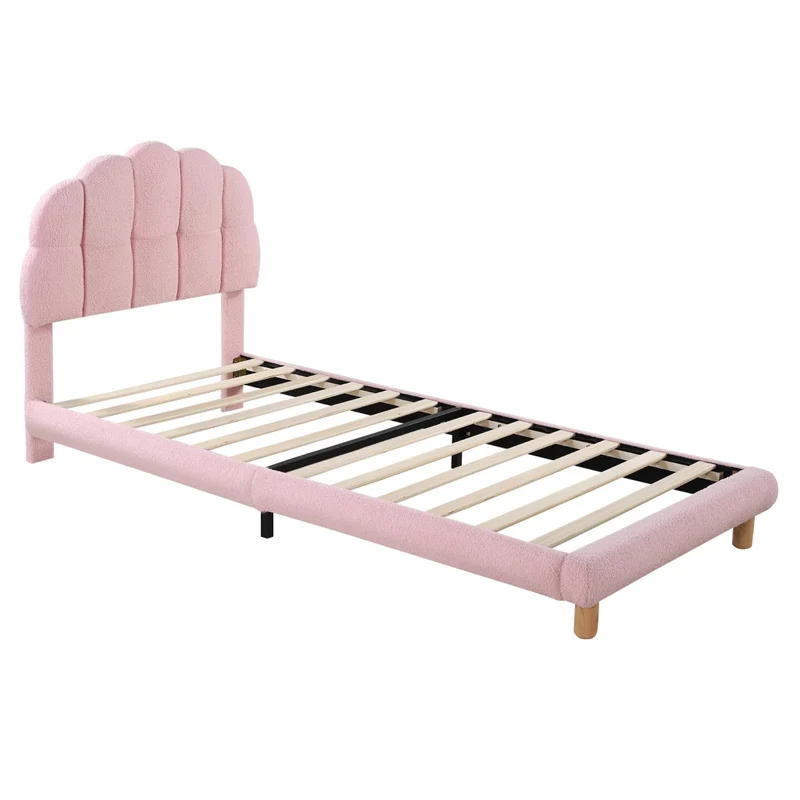 Letto singolo 90x200 cm per bambini rosa; imbottito in bouclé con rete a doghe in legno