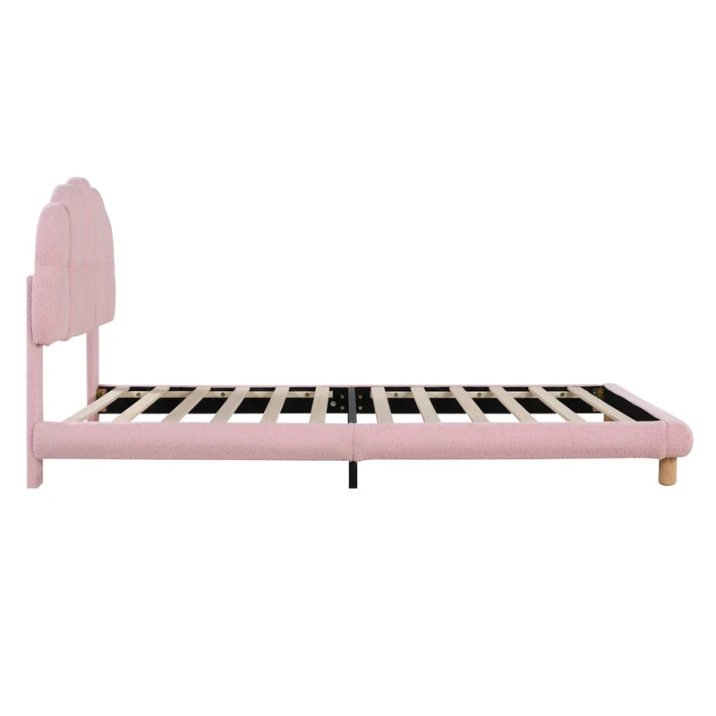 Letto singolo 90x200 cm per bambini rosa; imbottito in bouclé con rete a doghe in legno