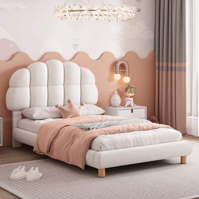 Letto singolo 90x200 cm imbottito bianco con testiera regolabile; rete a doghe in legno