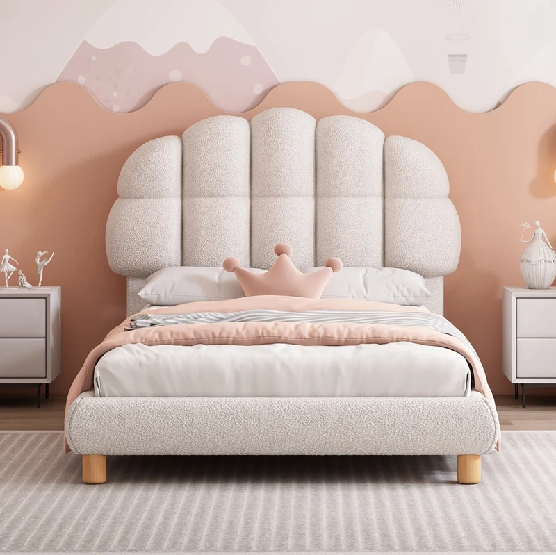Letto singolo 90x200 cm imbottito bianco con testiera regolabile; rete a doghe in legno