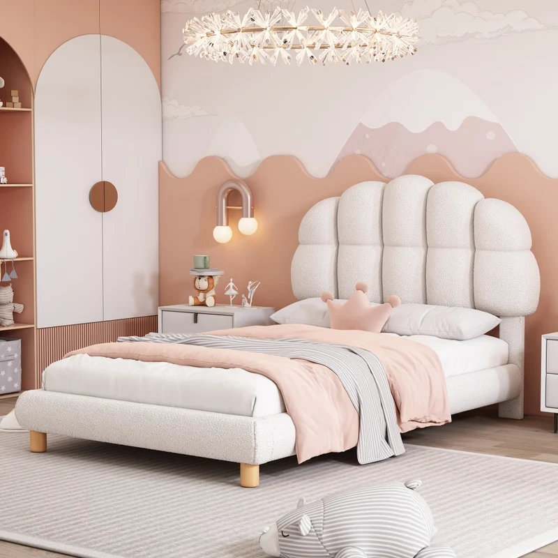 Letto singolo 90x200 cm imbottito bianco con testiera regolabile; rete a doghe in legno