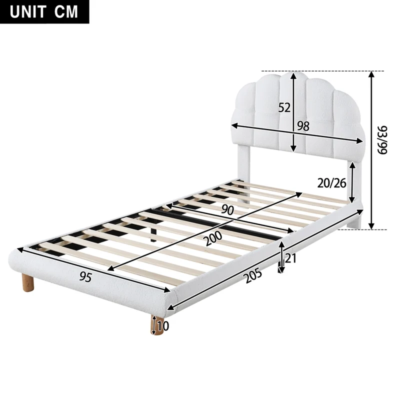 Letto singolo 90x200 cm imbottito bianco con testiera regolabile; rete a doghe in legno