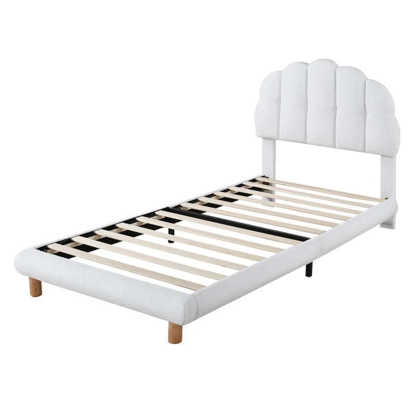 Letto singolo 90x200 cm imbottito bianco con testiera regolabile; rete a doghe in legno