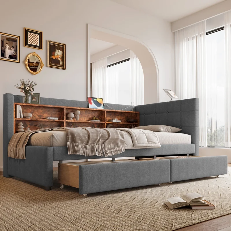 Letto singolo 90x200 cm con rete a doghe; 2 cassetti e testiera in lino grigio