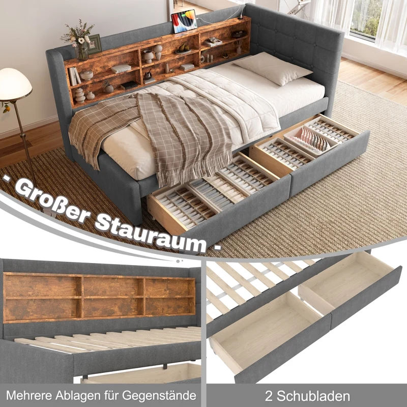 Letto singolo 90x200 cm con rete a doghe; 2 cassetti e testiera in lino grigio
