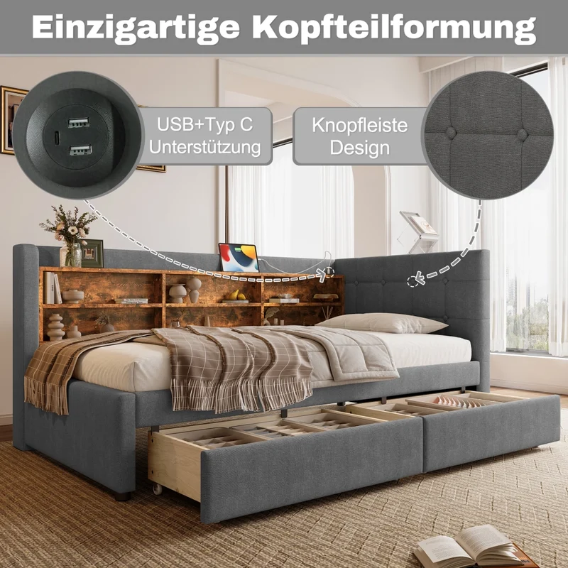 Letto singolo 90x200 cm con rete a doghe; 2 cassetti e testiera in lino grigio
