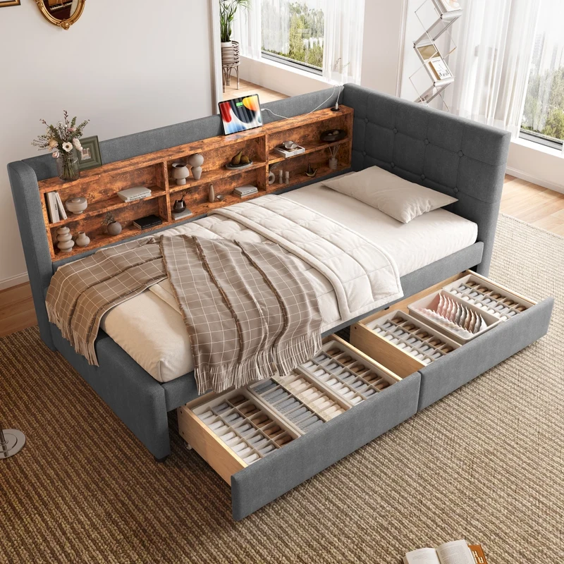 Letto singolo 90x200 cm con rete a doghe; 2 cassetti e testiera in lino grigio