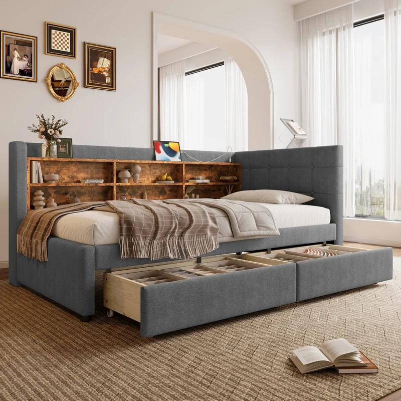 Letto singolo 90x200 cm con rete a doghe; 2 cassetti e testiera in lino grigio