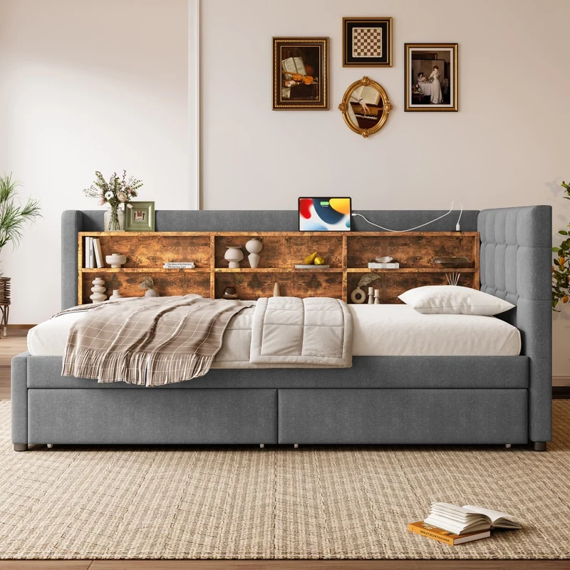 Letto singolo 90x200 cm con rete a doghe; 2 cassetti e testiera in lino grigio