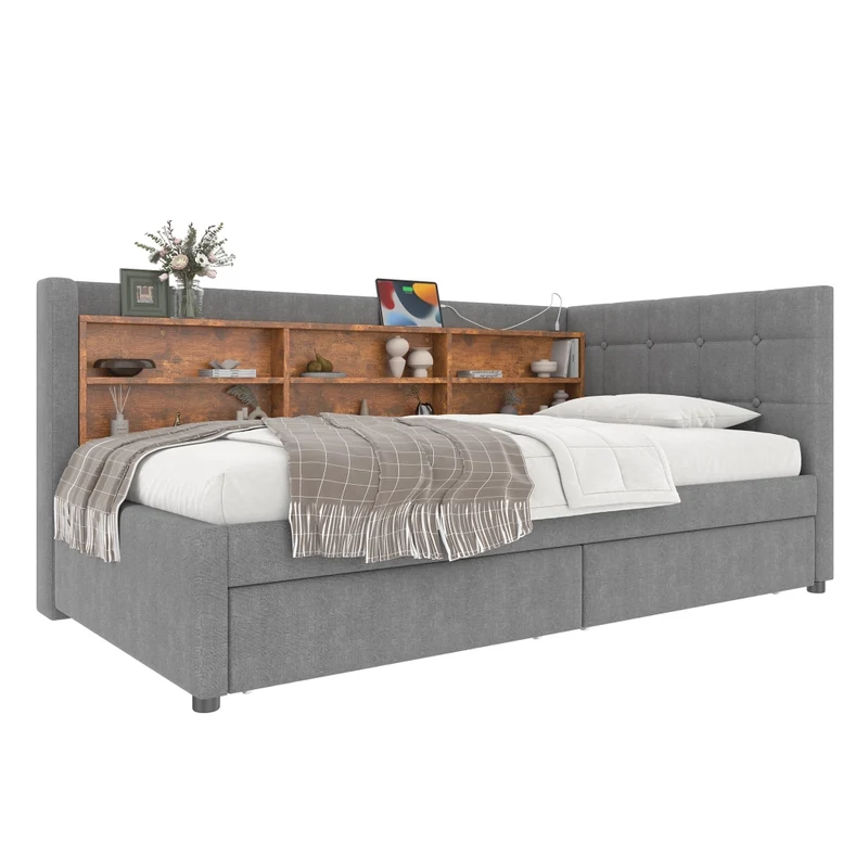 Letto singolo 90x200 cm con rete a doghe; 2 cassetti e testiera in lino grigio