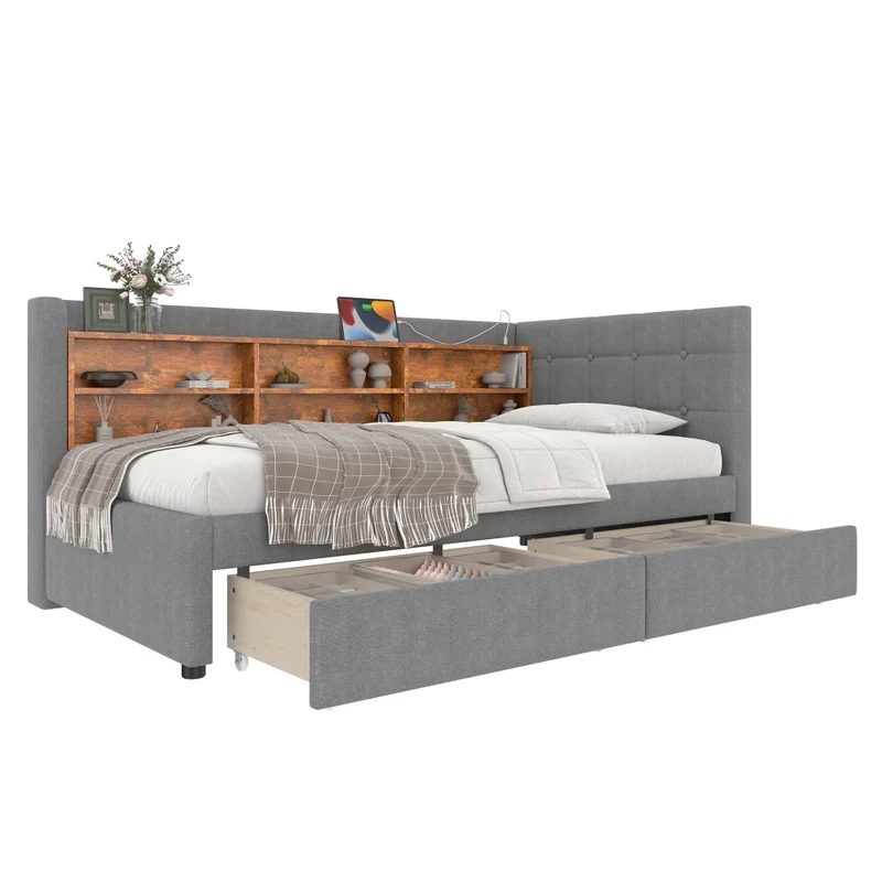 Letto singolo 90x200 cm con rete a doghe; 2 cassetti e testiera in lino grigio