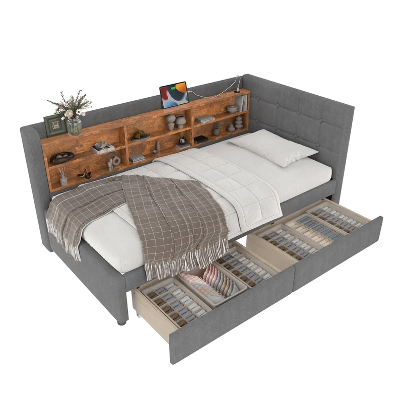 Letto singolo 90x200 cm con rete a doghe; 2 cassetti e testiera in lino grigio