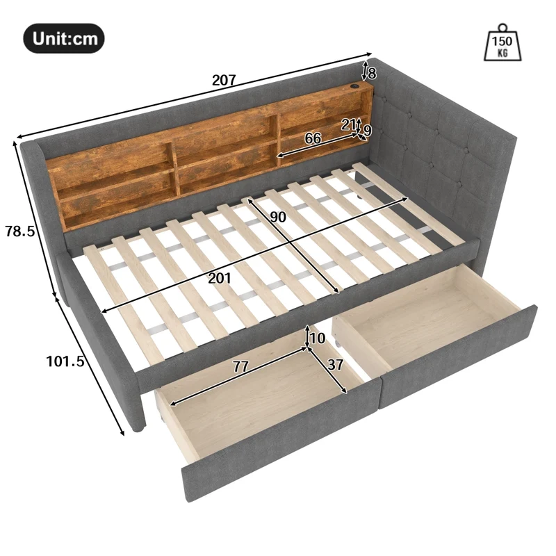 Letto singolo 90x200 cm con rete a doghe; 2 cassetti e testiera in lino grigio