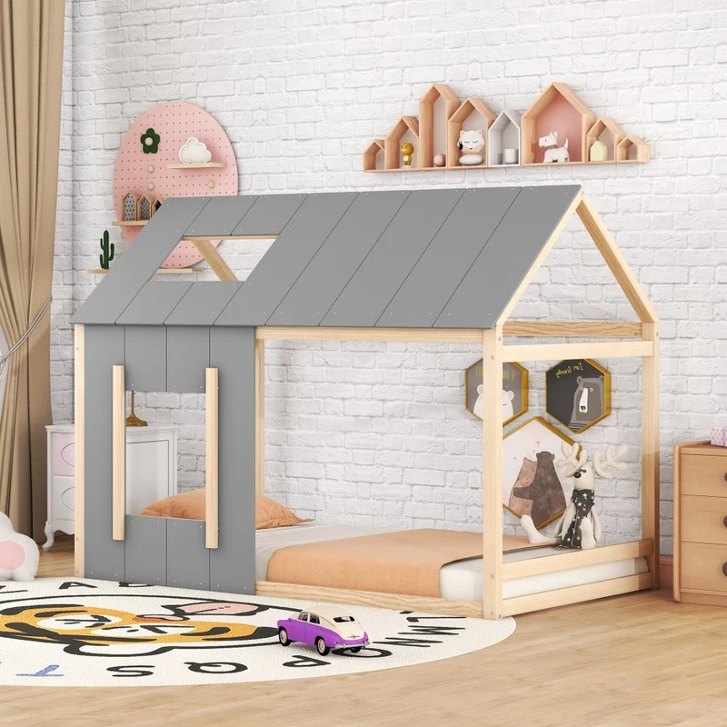 Letto casetta per bambini 90 x 200 cm in pino e MDF; tetto e finestra; naturale e grigio