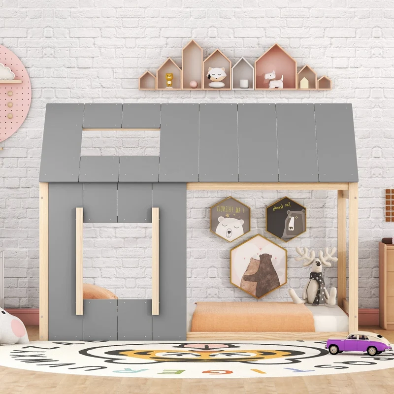 Letto casetta per bambini 90 x 200 cm in pino e MDF; tetto e finestra; naturale e grigio