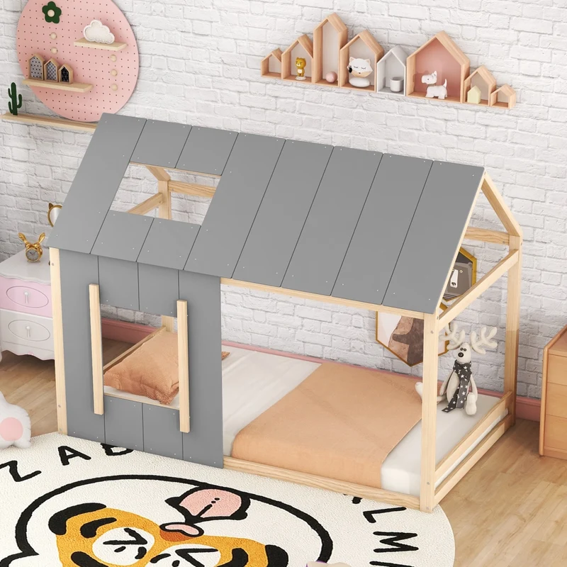 Letto casetta per bambini 90 x 200 cm in pino e MDF; tetto e finestra; naturale e grigio