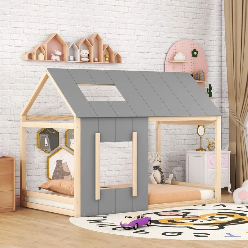 Letto casetta per bambini 90 x 200 cm in pino e MDF; tetto e finestra; naturale e grigio
