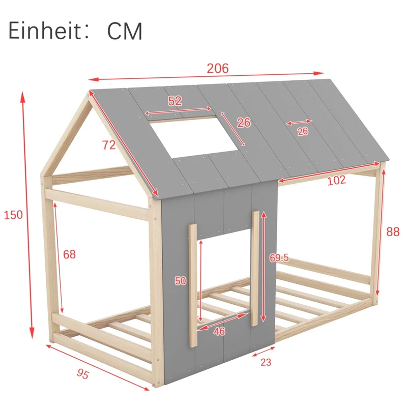 Letto casetta per bambini 90 x 200 cm in pino e MDF; tetto e finestra; naturale e grigio