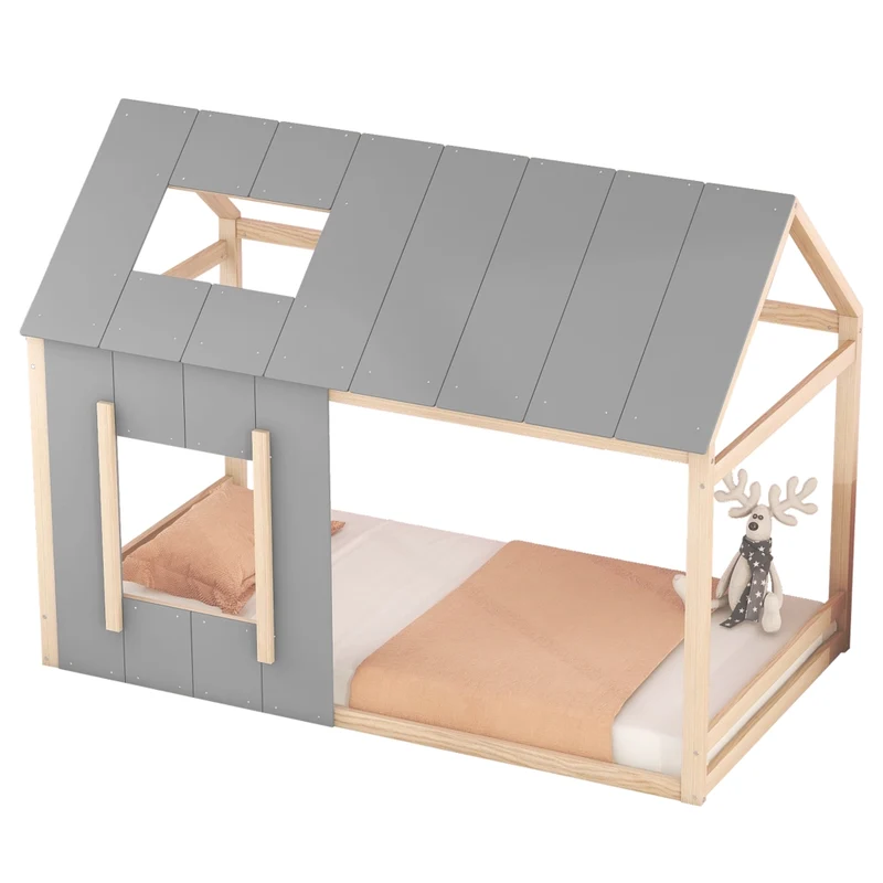 Letto casetta per bambini 90 x 200 cm in pino e MDF; tetto e finestra; naturale e grigio