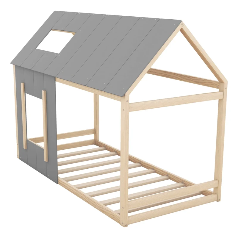 Letto casetta per bambini 90 x 200 cm in pino e MDF; tetto e finestra; naturale e grigio