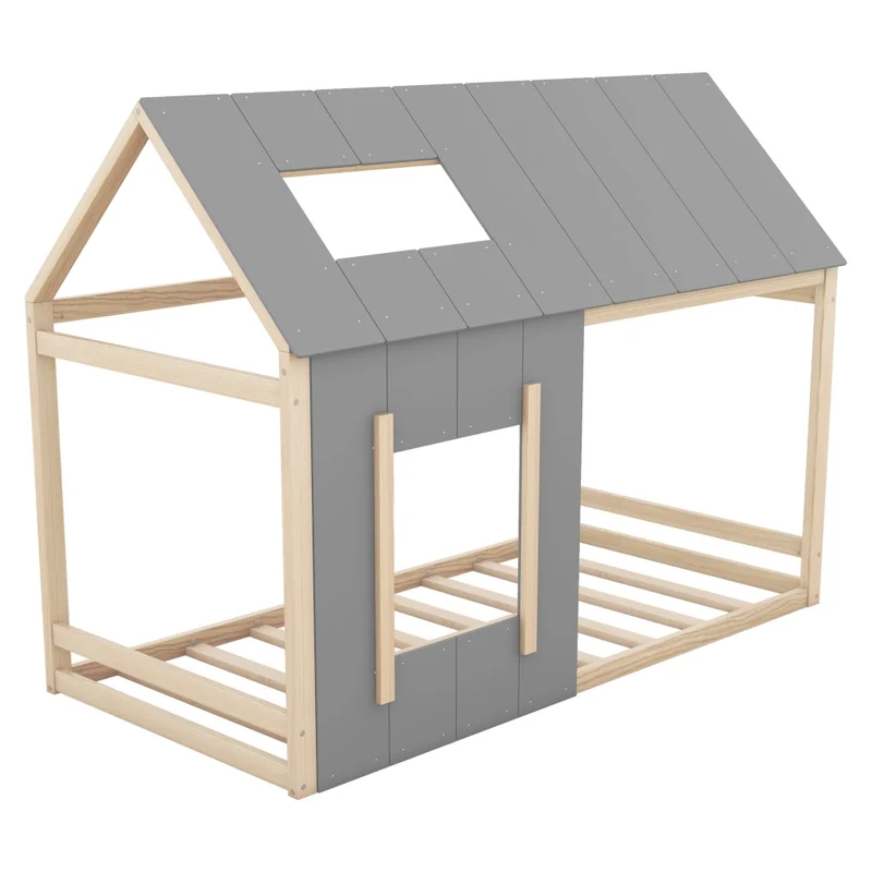 Letto casetta per bambini 90 x 200 cm in pino e MDF; tetto e finestra; naturale e grigio
