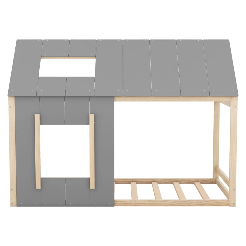 Letto casetta per bambini 90 x 200 cm in pino e MDF; tetto e finestra; naturale e grigio