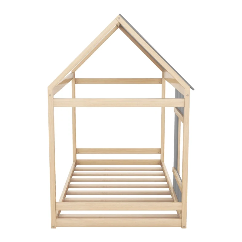 Letto casetta per bambini 90 x 200 cm in pino e MDF; tetto e finestra; naturale e grigio