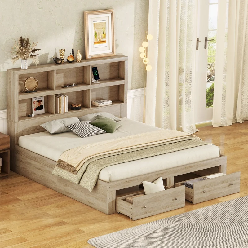 Letto matrimoniale 160x200 cm con testiera contenitore; 6 vani; 2 cassetti e porta USB; colore legno naturale