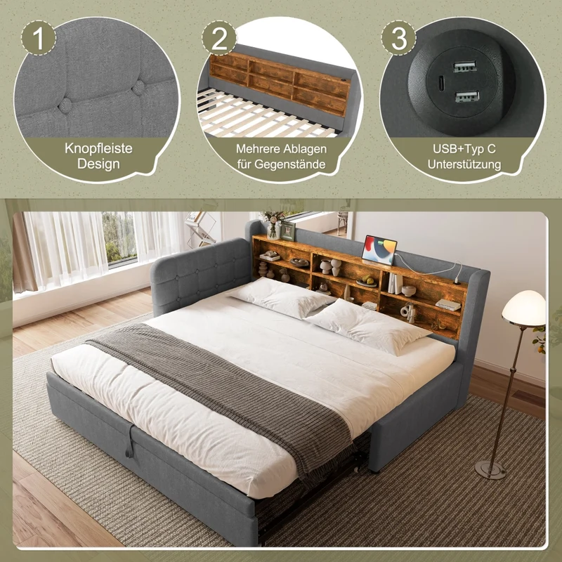Letto singolo 90x200 cm in lino grigio con letto estraibile multifunzione; prese USB e USB-C