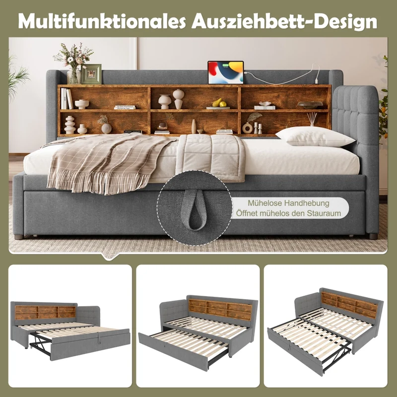 Letto singolo 90x200 cm in lino grigio con letto estraibile multifunzione; prese USB e USB-C