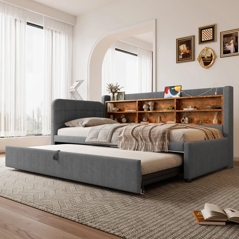 Letto singolo 90x200 cm in lino grigio con letto estraibile multifunzione; prese USB e USB-C