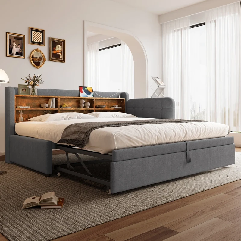 Letto singolo 90x200 cm in lino grigio con letto estraibile multifunzione; prese USB e USB-C