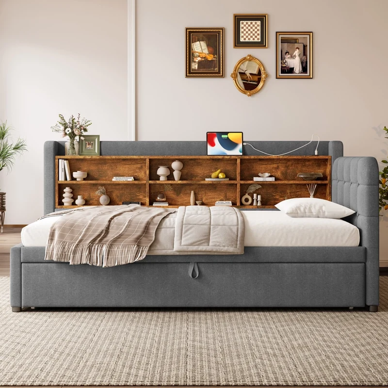 Letto singolo 90x200 cm in lino grigio con letto estraibile multifunzione; prese USB e USB-C