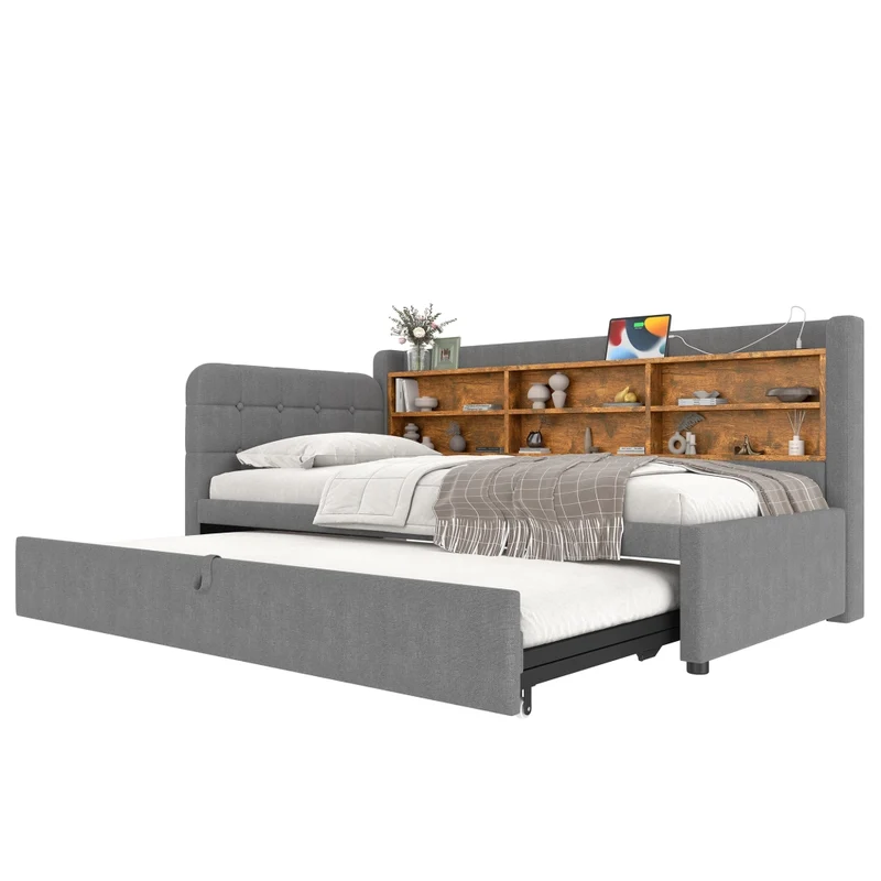 Letto singolo 90x200 cm in lino grigio con letto estraibile multifunzione; prese USB e USB-C