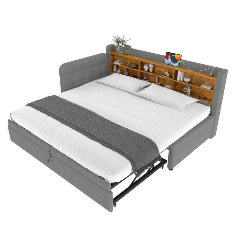 Letto singolo 90x200 cm in lino grigio con letto estraibile multifunzione; prese USB e USB-C