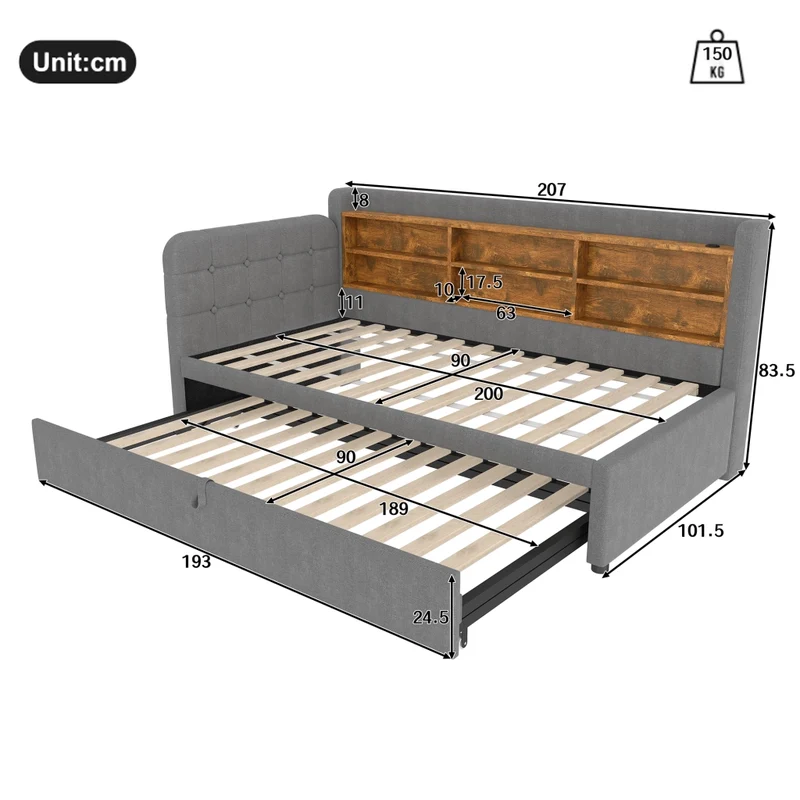 Letto singolo 90x200 cm in lino grigio con letto estraibile multifunzione; prese USB e USB-C