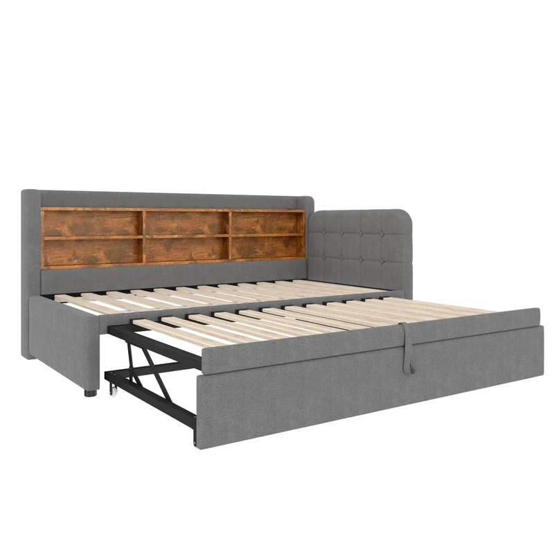 Letto singolo 90x200 cm in lino grigio con letto estraibile multifunzione; prese USB e USB-C