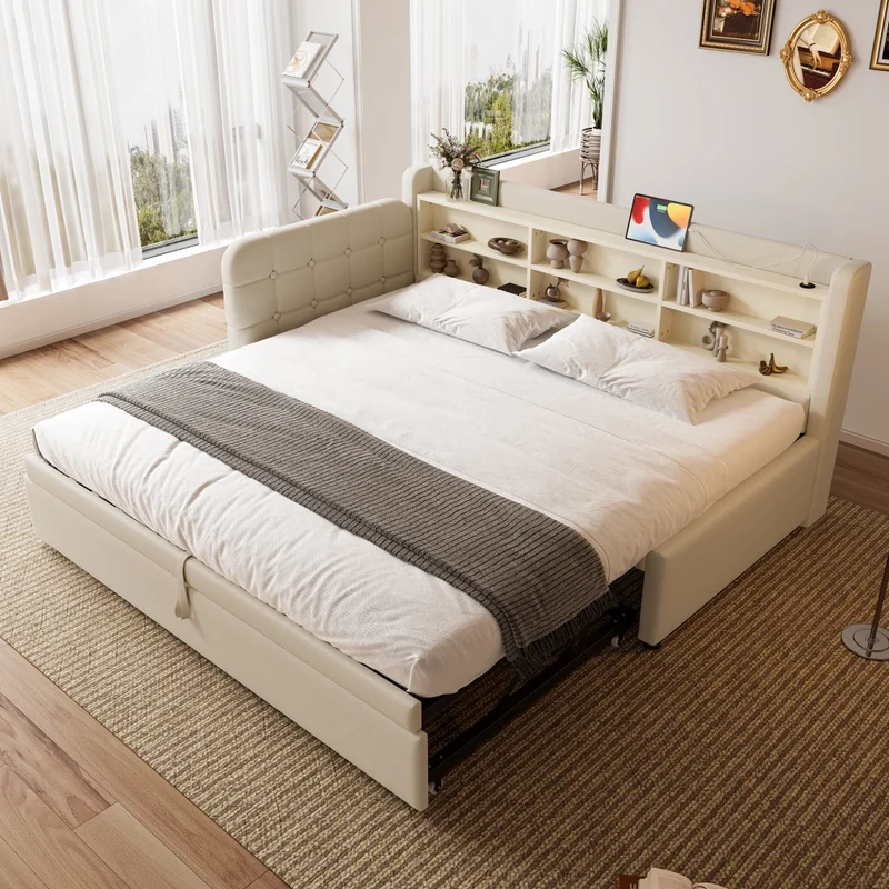 Letto singolo 90x200 cm in lino beige con letto estraibile salvaspazio; USB e Type-C